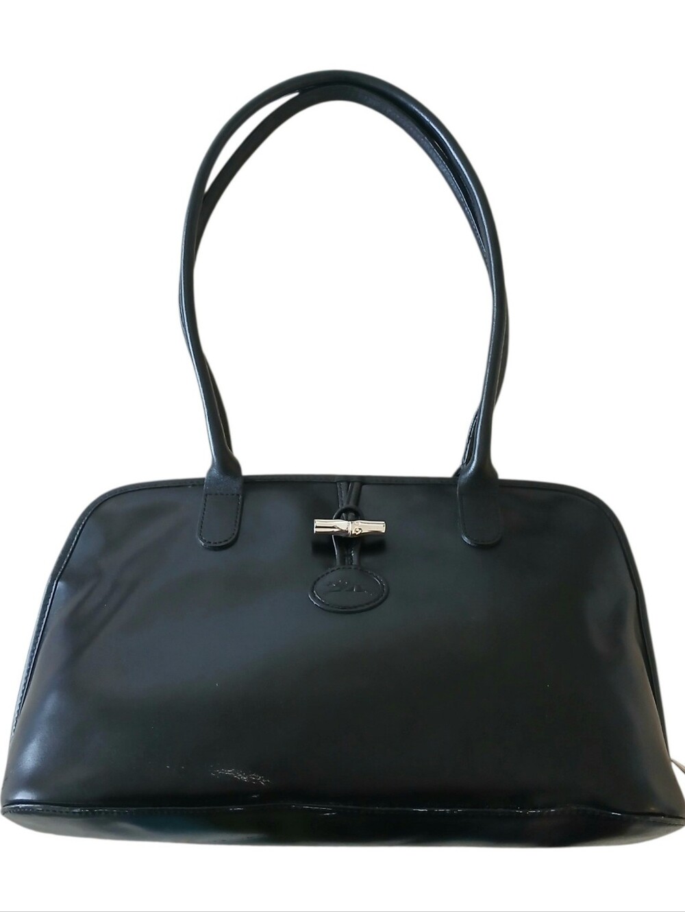VINTAGE LONGCHAMP Roseau Leather Shoulder Doctor Bag Black Logo Quiet Luxury